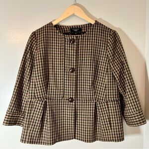 Talbots 100% Wool Plaid Peplum Jacket Brown Tweed 3/4 Sleeve Corporate Chic 16P